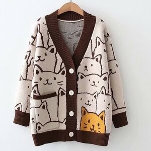One of the Cats Ivory Brown Oversized Sweater Cardigan Women's Size Small